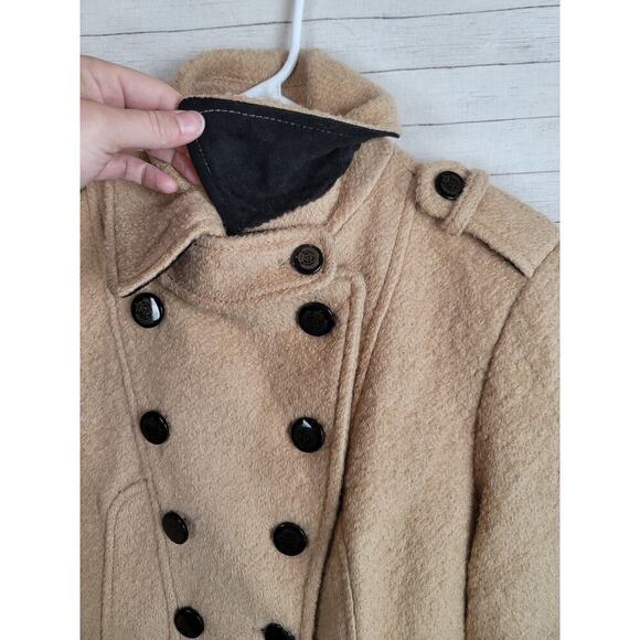 GUESS WOOL BLEND DOUBLE BREASTED CAMEL TAN PEA COAT, SZ SMALL - Picture 5 of 14